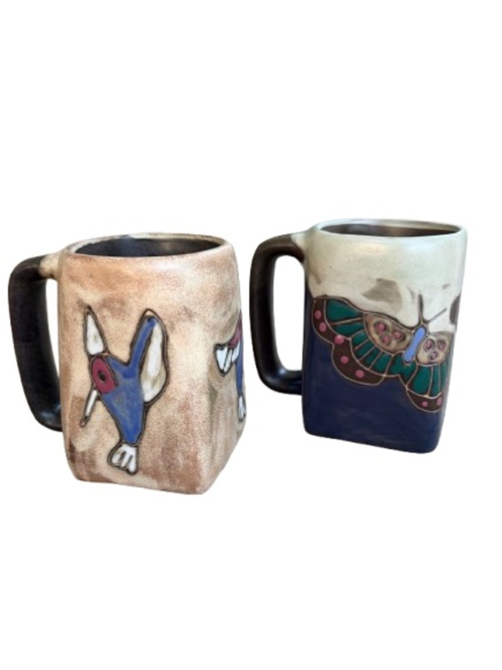 Mara Mexico Stoneware Coffee Mug Pair Hummingbird Butterfly Square Bottom